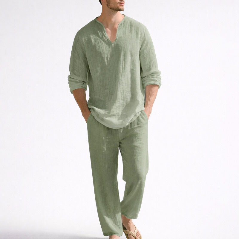 GABRIEL™ | Ensemble pour homme avec chemise à col en V et pantalon en mélange de lin