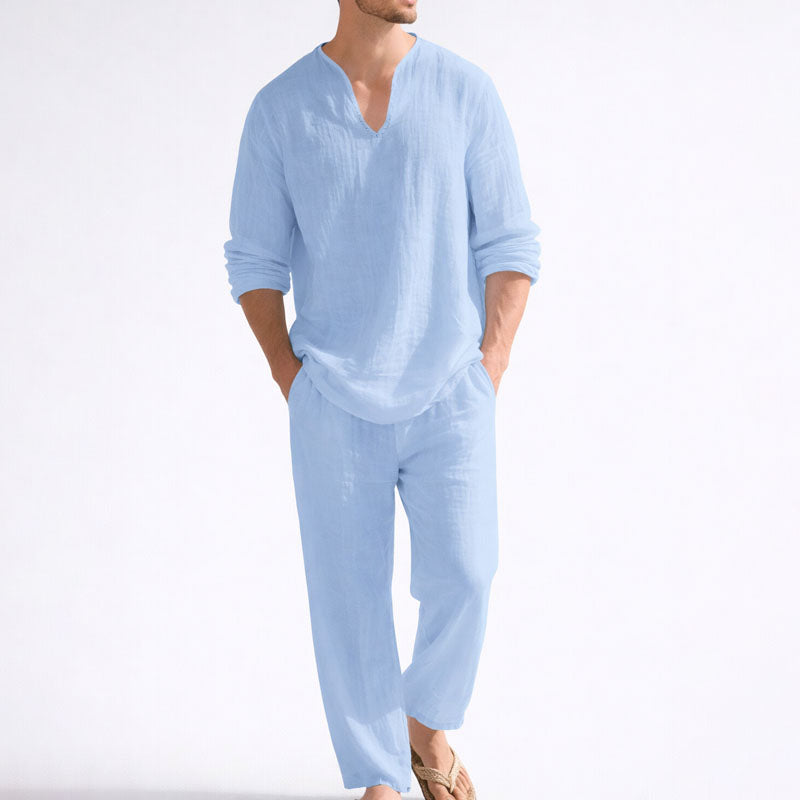 GABRIEL™ | Ensemble pour homme avec chemise à col en V et pantalon en mélange de lin