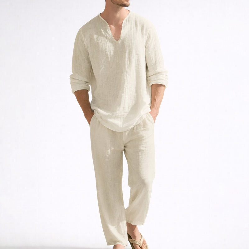 GABRIEL™ | Ensemble pour homme avec chemise à col en V et pantalon en mélange de lin