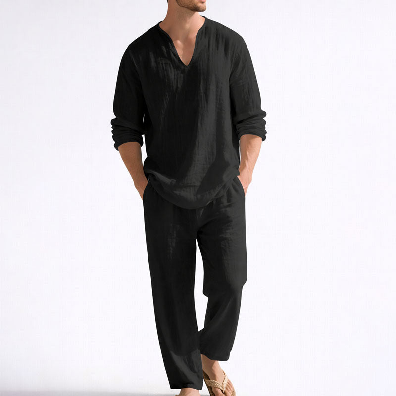 GABRIEL™ | Ensemble pour homme avec chemise à col en V et pantalon en mélange de lin