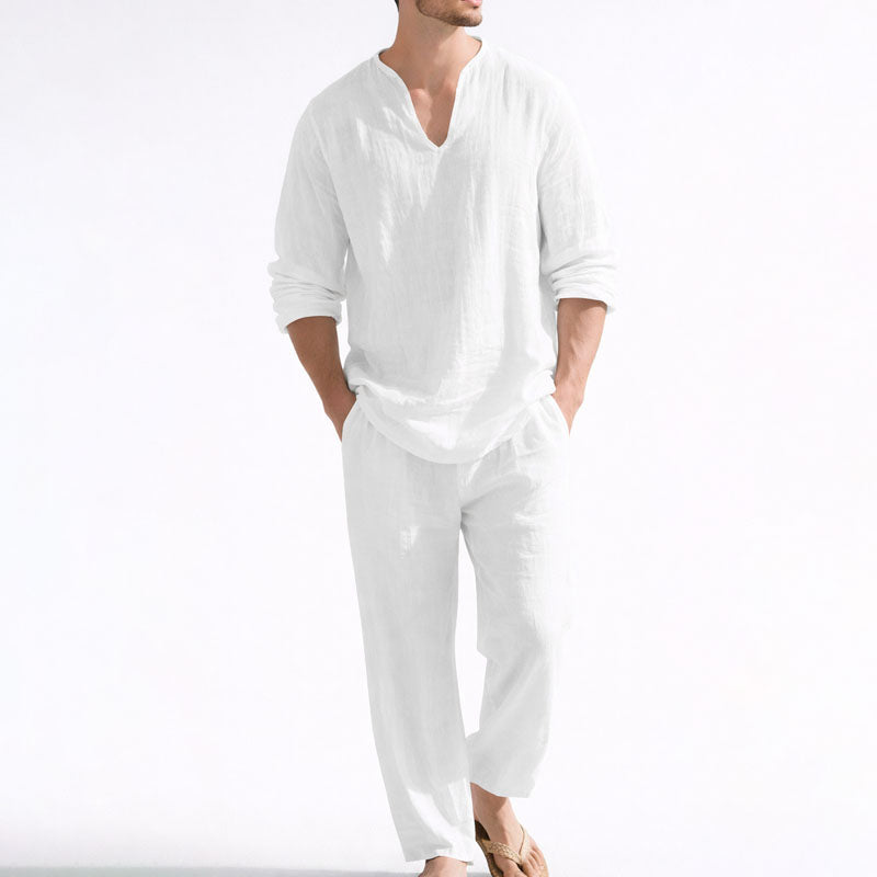 GABRIEL™ | Ensemble pour homme avec chemise à col en V et pantalon en mélange de lin